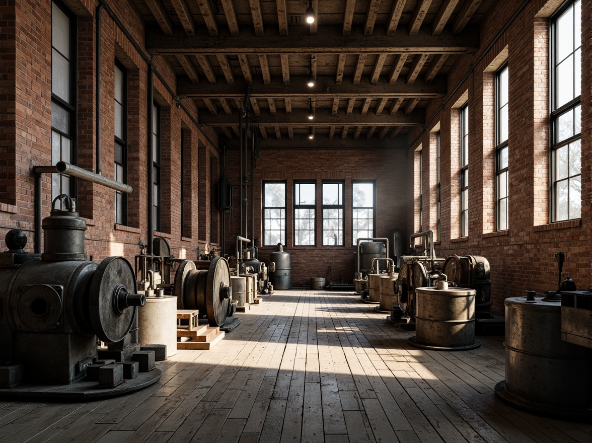 Prompt: Industrial factory setting, exposed brick walls, metal beams, worn wooden floors, vintage machinery, distressed textures, earthy tones, muted colors, rusty reds, weathered blues, faded yellows, industrial greys, urban atmosphere, gritty realism, high contrast lighting, dramatic shadows, cinematic composition, 1/2 camera angle, realistic renderings, ambient occlusion.