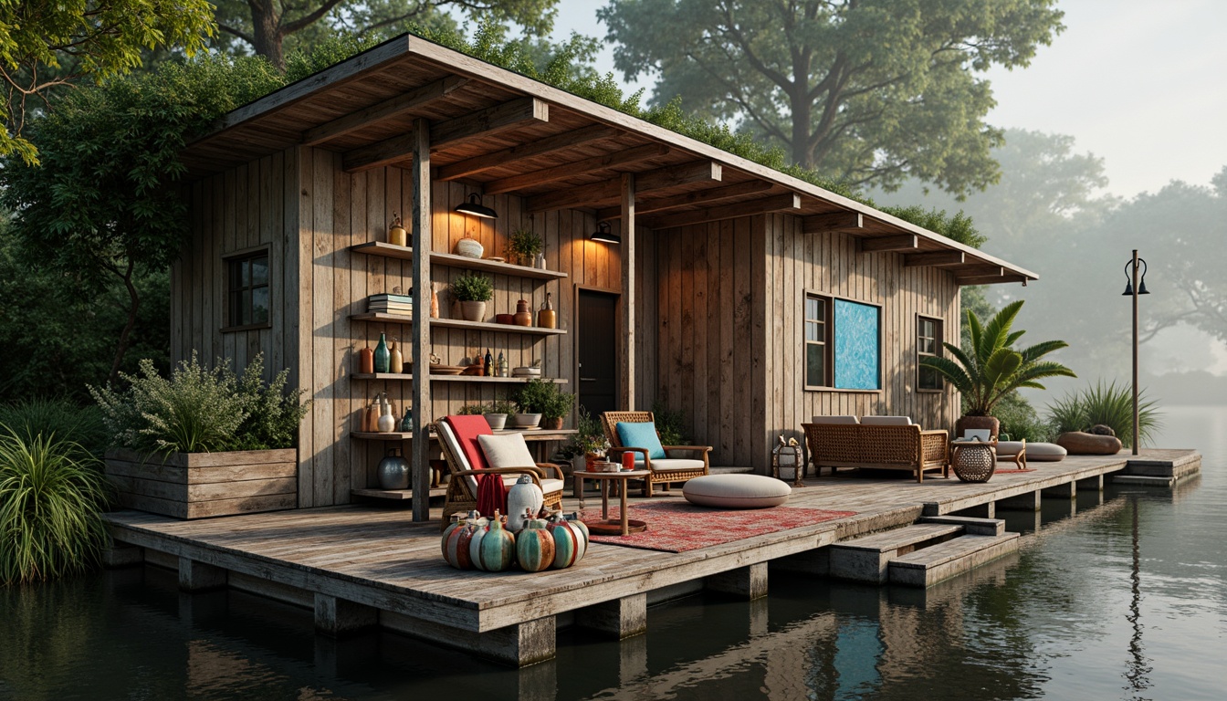 Prompt: Whimsical boathouse, eclectic facade, distressed wood textures, vintage nautical elements, rusty metal accents, colorful glass bottles, woven wicker furniture, lush greenery, overgrown vegetation, misty morning atmosphere, soft warm lighting, shallow depth of field, 1/1 composition, realistic water reflections, ambient occlusion.