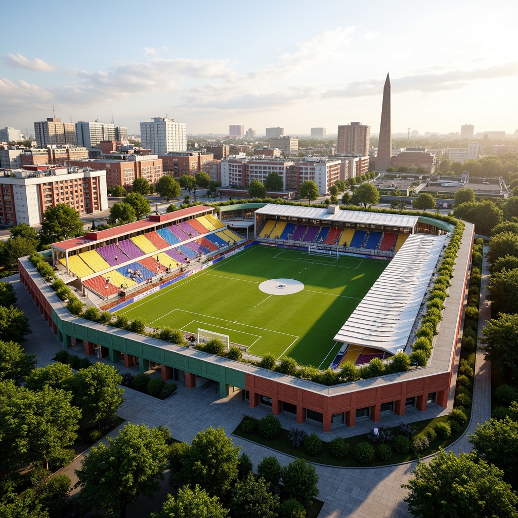 Prompt: Vibrant soccer stadium, social housing complex, bold team colors, dynamic architecture, angular lines, modern fa\u00e7ade, green roofs, eco-friendly materials, innovative ventilation systems, shaded outdoor spaces, misting systems, urban landscape, city skyline, sunny day, soft warm lighting, shallow depth of field, 3/4 composition, panoramic view, realistic textures, ambient occlusion.