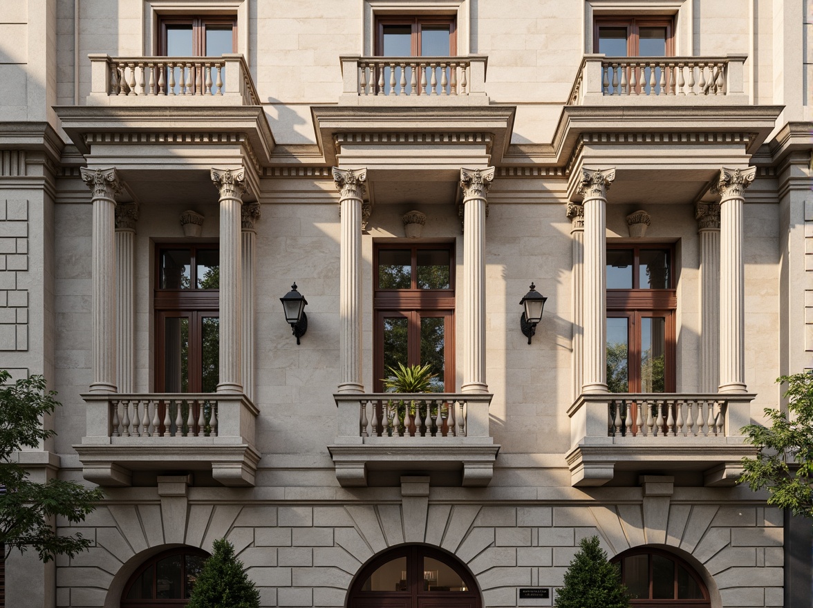 Prompt: Grandiose building facade, ornate columns, intricately carved details, symmetrical composition, classical proportions, limestone or marble materials, subtle color palette, soft natural light, warm afternoon ambiance, shallow depth of field, 2/3 composition, realistic textures, ambient occlusion, ornamental balustrades, decorative friezes, sculpted pediments, grand entranceways, sweeping staircases, elegant archways, refined moldings, luxurious ornamentation.