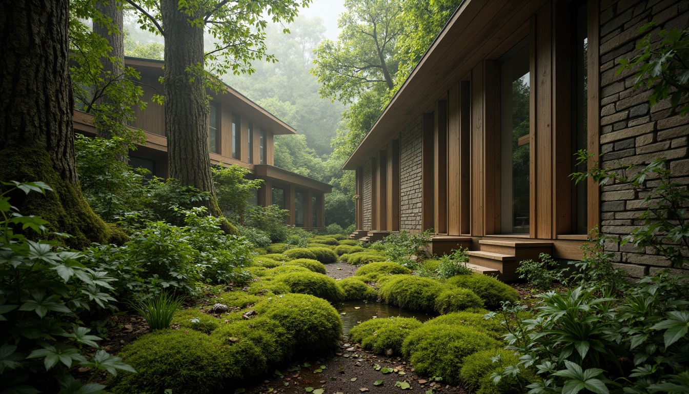 Prompt: Mossy forest floor, lush greenery, misty atmosphere, natural stone walls, wooden accents, earthy tones, organic textures, soft warm lighting, shallow depth of field, 3/4 composition, panoramic view, realistic foliage, ambient occlusion, serene ambiance, whimsical details, intricate patterns, nature-inspired design.