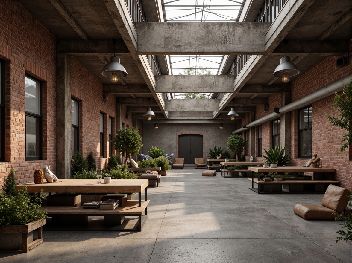 Prompt: Rustic industrial landscape, abandoned factories, worn brick walls, distressed metal roofs, reclaimed wood accents, earthy tones, natural textures, regional materials, local craftsmanship, exposed ductwork, concrete floors, steel beams, functional minimalism, industrial chic aesthetic, warm soft lighting, shallow depth of field, 1/1 composition, realistic renderings, ambient occlusion.