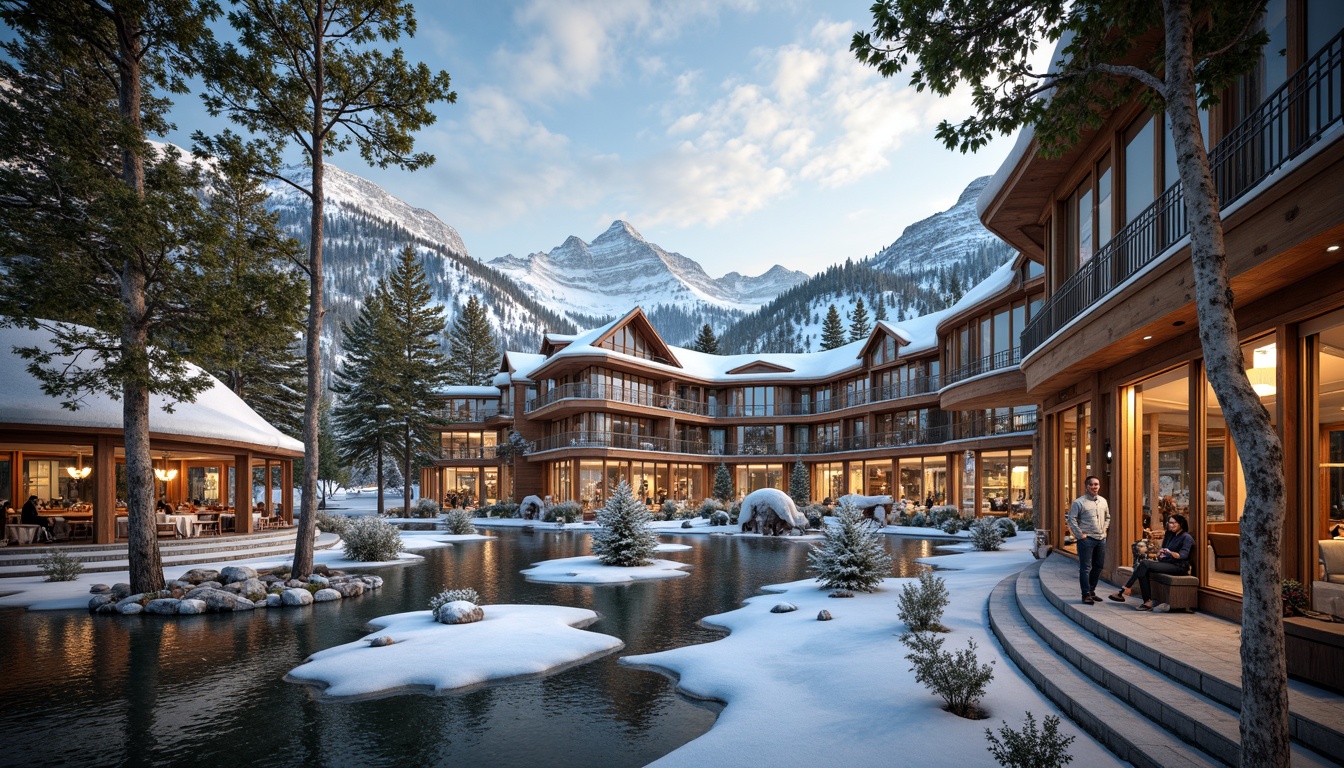 Prompt: Intricate ski resort, snow-capped mountains, frozen lakes, frosty pine trees, ornate Art Nouveau architecture, curved lines, flowing organic forms, sinuous metalwork, stained glass windows, grand chandeliers, luxurious furnishings, velvet drapes, intricate wood carvings, gilded accents, warm golden lighting, soft focus, shallow depth of field, 1/2 composition, atmospheric mist, realistic snow textures, ambient occlusion.