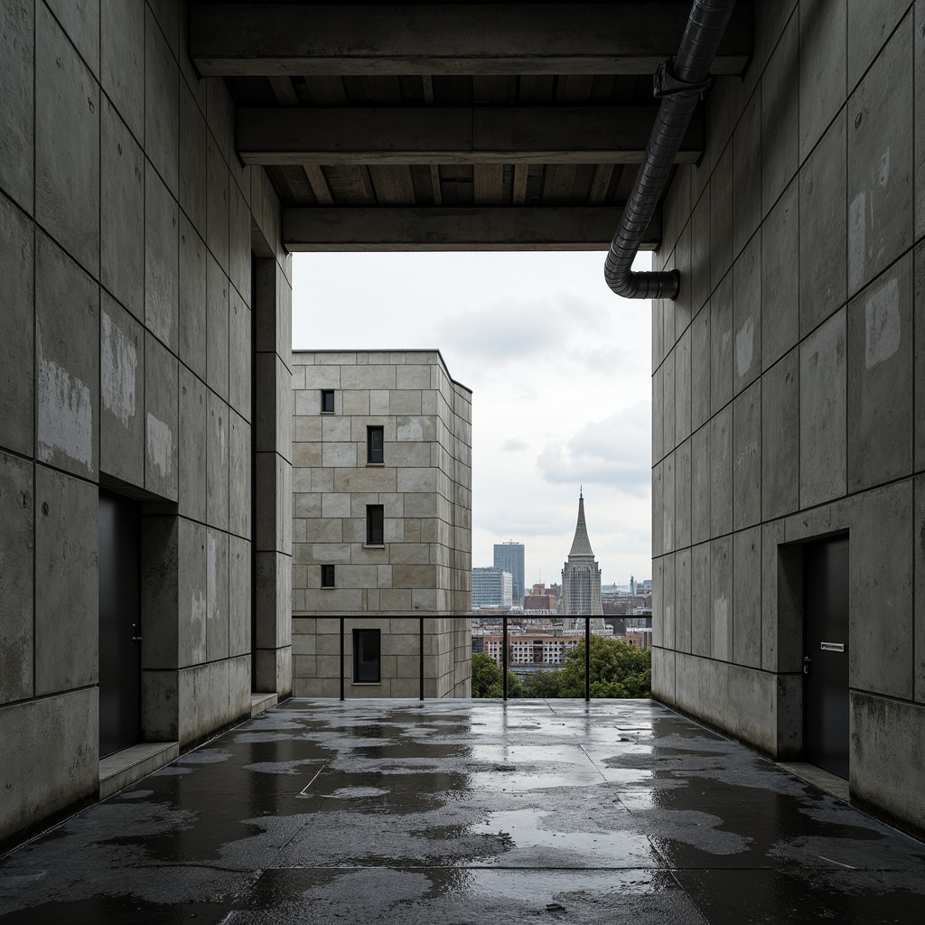 Prompt: Rugged concrete walls, exposed ductwork, industrial pipes, raw steel beams, brutalist architecture, fortress-like structures, monumental scale, geometric shapes, angular lines, minimal ornamentation, functional simplicity, urban landscapes, city skylines, overcast skies, dramatic shadows, high-contrast lighting, 1/1 composition, symmetrical framing, gritty textures, ambient occlusion.