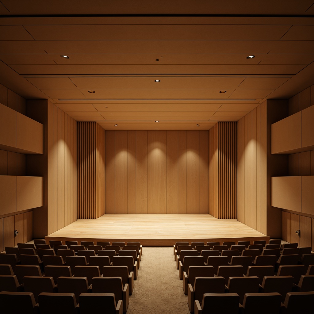 Prompt: Minimalist auditorium interior, sleek wooden floors, sound-absorbing panels, curved lines, geometric shapes, subtle lighting, warm beige tones, comfortable seating, optimized speaker placement, precise acoustic calculations, reverberation control, echo reduction, crystal-clear sound quality, intimate performance atmosphere, shallow stage design, dramatic spotlights, soft shadows, 1/1 composition, realistic textures, ambient occlusion.