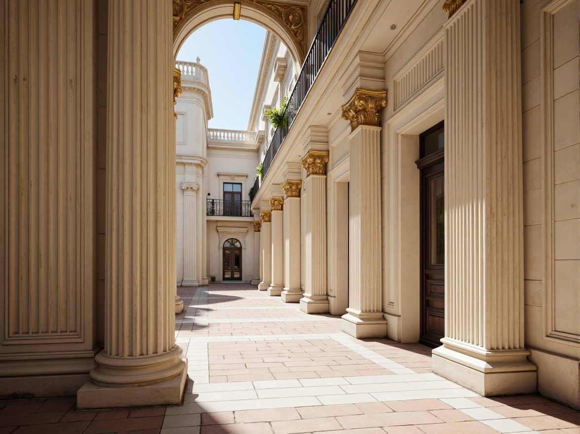 Prompt: Elegant neoclassical architecture, ornate columns, intricately carved details, soft creamy whites, warm beige tones, rich gold accents, deep blues, velvety reds, subtle earthy undertones, ornamental moldings, grandiose scale, symmetrical composition, dramatic lighting, high contrast ratios, atmospheric perspective, realistic textures, ambient occlusion.