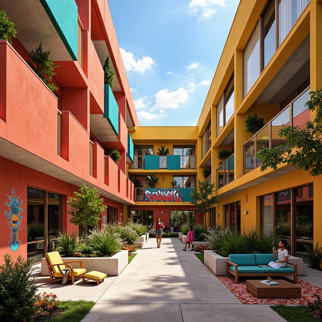 Prompt: Vibrant social housing, warm earthy tones, bright coral accents, sunny yellow walls, turquoise blue roofs, playful graffiti murals, urban street art, eclectic furniture, colorful textiles, lively community gardens, bustling outdoor spaces, modern angular architecture, large windows, sliding glass doors, natural wood finishes, industrial metal beams, exposed ductwork, dynamic lighting fixtures, 1/1 composition, shallow depth of field, realistic textures, ambient occlusion.