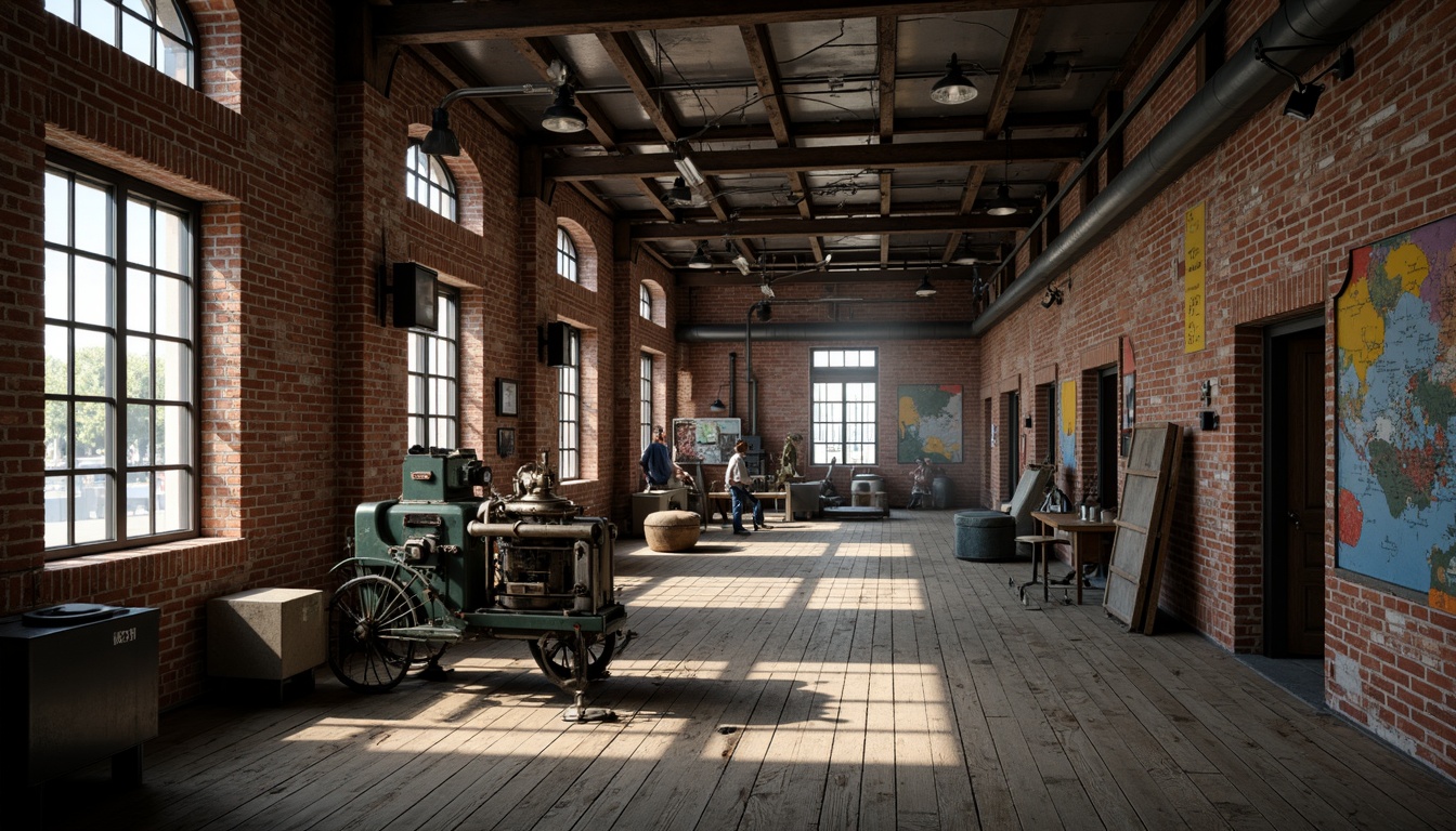 Prompt: Industrial factory setting, exposed brick walls, metal beams, worn wooden floors, vintage machinery, distressed textures, earthy tones, muted colors, rusty reds, weathered blues, faded yellows, industrial greys, urban atmosphere, gritty realism, high contrast lighting, dramatic shadows, cinematic composition, 1/2 camera angle, realistic renderings, ambient occlusion.