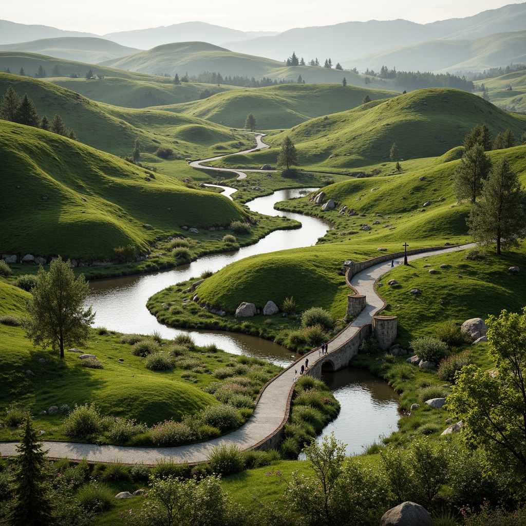 Prompt: Undulating hills, serpentine roads, winding water features, organic curvilinear forms, harmonious landscape integration, lush green vegetation, vibrant wildflowers, meandering pathways, rustic stone walls, wooden bridges, tranquil ponds, reflective surfaces, soft warm lighting, shallow depth of field, 1/1 composition, panoramic view, realistic textures, ambient occlusion.