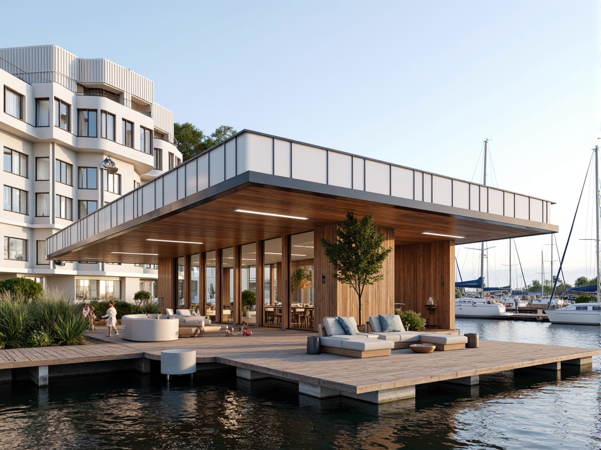 Prompt: Waterfront location, wooden dock, sailboats, modern boathouse, international style facade, large windows, sliding glass doors, minimalist design, neutral color palette, natural wood accents, corrugated metal roofing, cantilevered upper floor, outdoor seating area, nautical-themed decor, warm soft lighting, shallow depth of field, 1/1 composition, realistic textures, ambient occlusion.