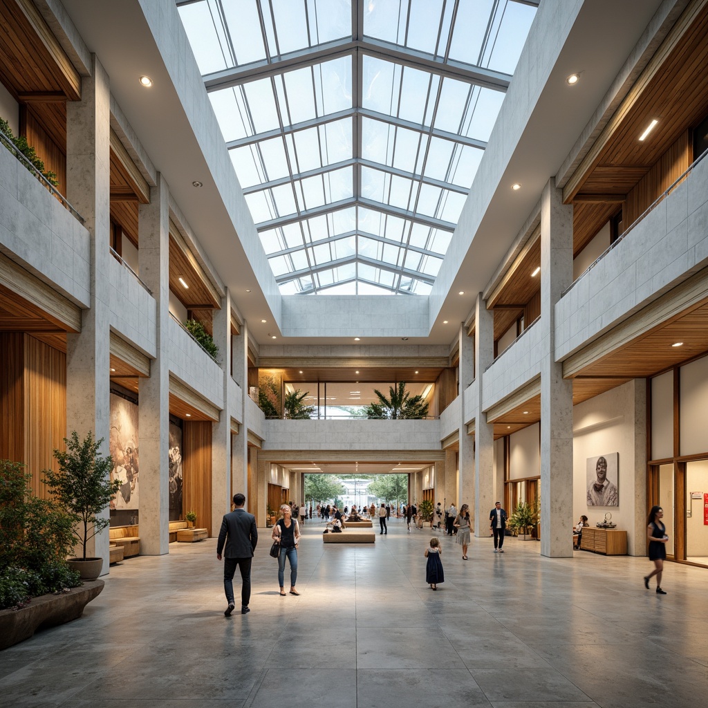 Prompt: Vibrant cultural center, grand atrium, high ceilings, clerestory windows, skylights, transparent roofs, minimalist interior design, polished concrete floors, reflective surfaces, open floor plans, flexible exhibition spaces, natural stone walls, wooden accents, warm color schemes, soft diffused lighting, 1/1 composition, shallow depth of field, panoramic view, realistic textures, ambient occlusion.