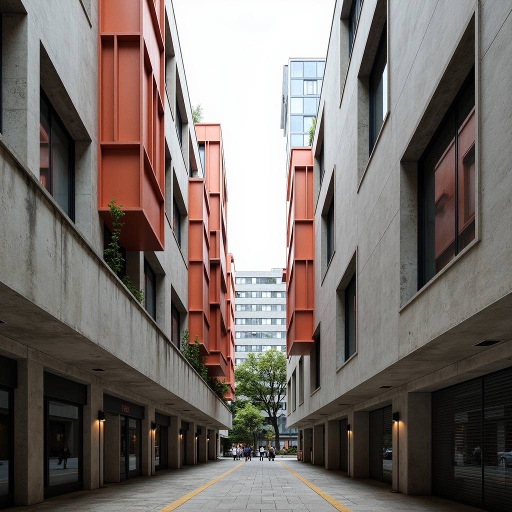 Prompt: Geometric facades, asymmetrical compositions, rectangular windows, industrial materials, raw concrete textures, bold color blocking, functional minimalism, clean lines, rectangular prisms, cantilevered roofs, open floor plans, natural light pouring, dramatic shadows, high-contrast lighting, 1/1 composition, symmetrical framing, abstract patterns, urban cityscape, modernist aesthetic, avant-garde spirit.