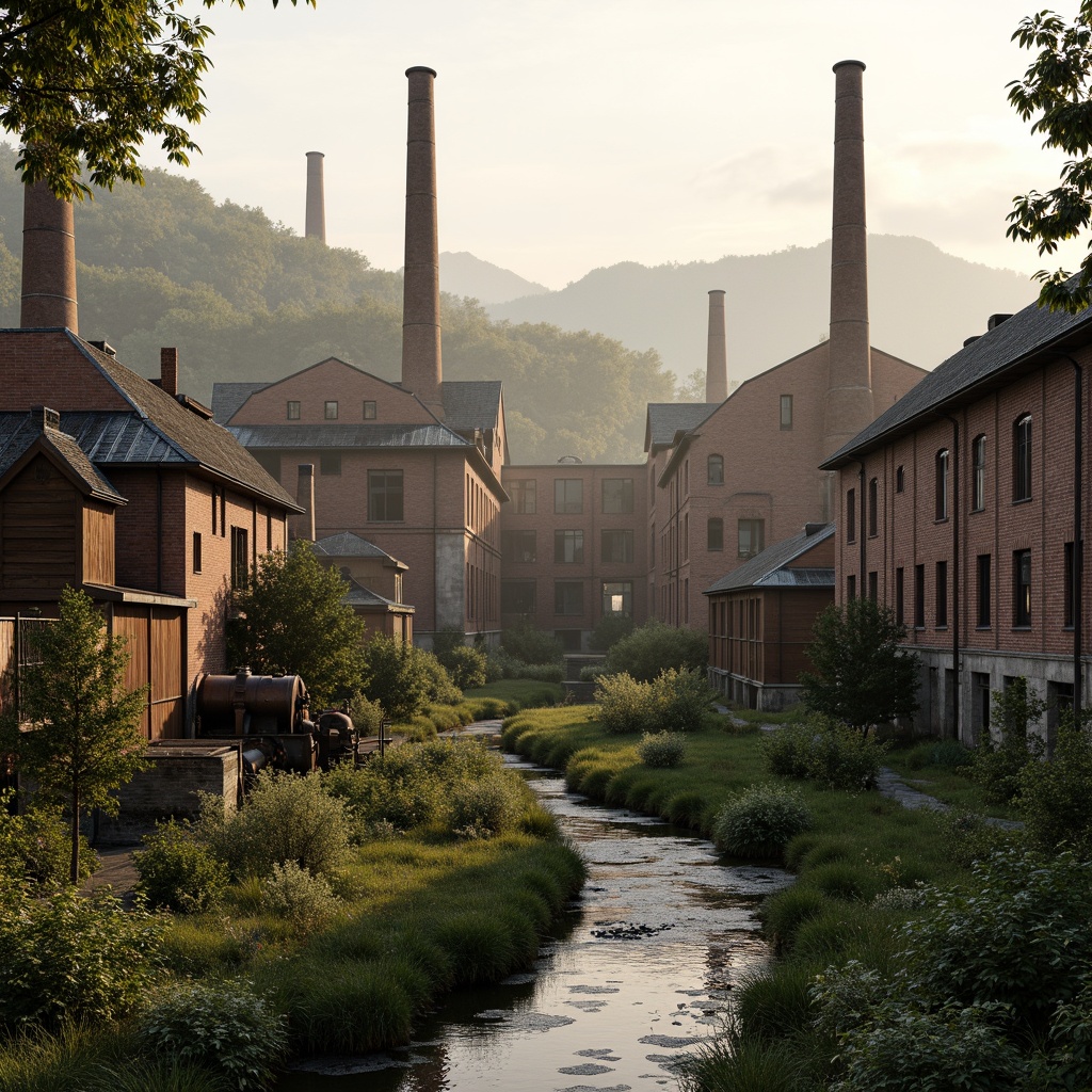 Prompt: Industrial factory complex, rustic brick buildings, corrugated metal roofs, worn concrete walls, vintage machinery, abandoned chimneys, overgrown vegetation, wildflowers, meandering streams, misty atmosphere, soft warm lighting, shallow depth of field, 3/4 composition, panoramic view, realistic textures, ambient occlusion, regionalist architectural style, functional simplicity, earthy color palette, distressed finishes, reclaimed wood accents, metal cladding, industrial heritage, nostalgic ambiance.