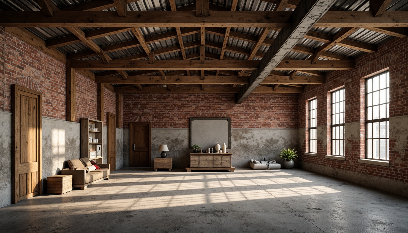 Prompt: Rustic industrial landscape, abandoned factories, worn brick walls, distressed metal roofs, reclaimed wood accents, earthy tones, natural textures, regional materials, local craftsmanship, exposed ductwork, concrete floors, steel beams, functional minimalism, industrial chic aesthetic, warm soft lighting, shallow depth of field, 1/1 composition, realistic renderings, ambient occlusion.