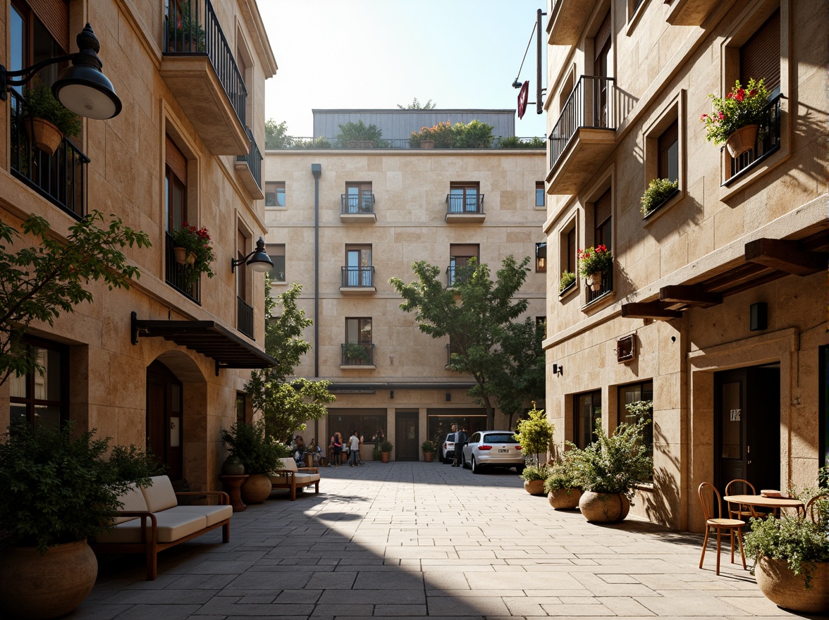 Prompt: Rustic market square, vintage street lamps, ornate ironwork, distressed stone walls, curved balconies, wooden shutters, flower-filled window boxes, soft warm lighting, shallow depth of field, 3/4 composition, panoramic view, realistic textures, ambient occlusion, romantic European-inspired architecture, intricate stonework, decorative cornices, grand entranceways, ornate doorways, elegant arches, vibrant colorful awnings, lively street performers, bustling market atmosphere.