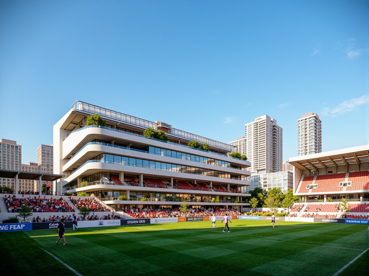 Prompt: Modern soccer stadium housing, sleek metal fa\u00e7ade, transparent glass walls, cantilevered roofs, vibrant team color accents, durable concrete floors, weather-resistant exterior cladding, energy-efficient LED lighting, spacious player lounges, state-of-the-art locker rooms, advanced athletic training facilities, panoramic views of the pitch, dynamic crowd seating areas, urban cityscape backdrop, clear blue sky, warm sunny day, shallow depth of field, 3/4 composition, realistic textures, ambient occlusion.