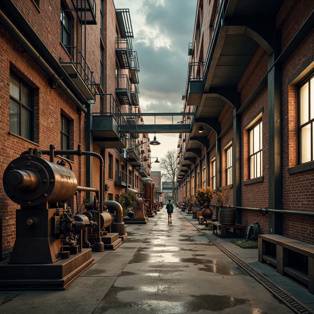 Prompt: Industrial factory setting, exposed brick walls, metal beams, worn wooden floors, distressed concrete textures, vintage machinery, rusty pipes, urban cityscape, cloudy grey skies, warm golden lighting, shallow depth of field, 1/2 composition, realistic materials, ambient occlusion, muted color palette, earthy tones, weathered steel blues, faded reds, industrial greens, creamy whites, rich browns.