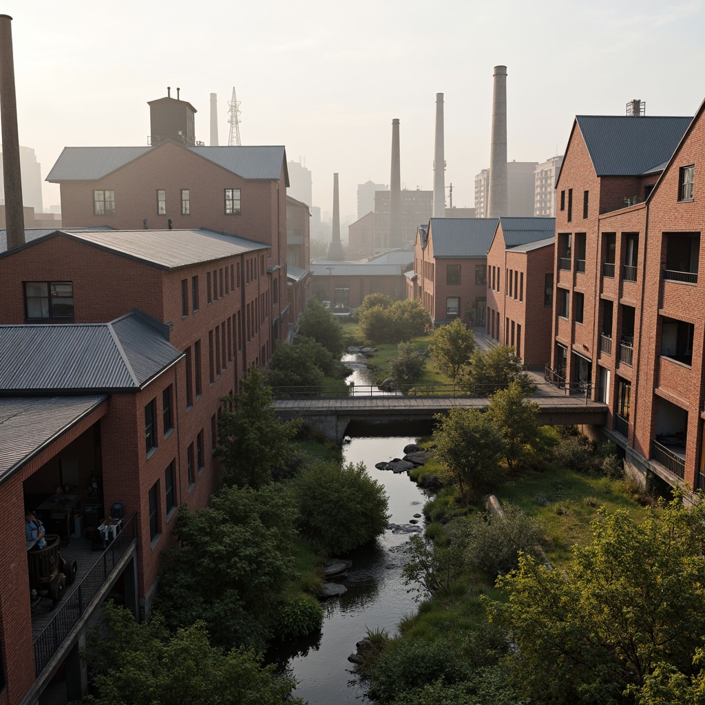 Prompt: Industrial factory complex, rustic brick buildings, corrugated metal roofs, worn concrete walls, vintage machinery, abandoned chimneys, overgrown vegetation, wildflowers, meandering streams, misty atmosphere, soft warm lighting, shallow depth of field, 3/4 composition, panoramic view, realistic textures, ambient occlusion, regionalism-inspired architecture, modern industrial design, functional spaces, exposed ductwork, metal catwalks, reclaimed wood accents, earthy color palette, natural stone pathways, weathered steel bridges.