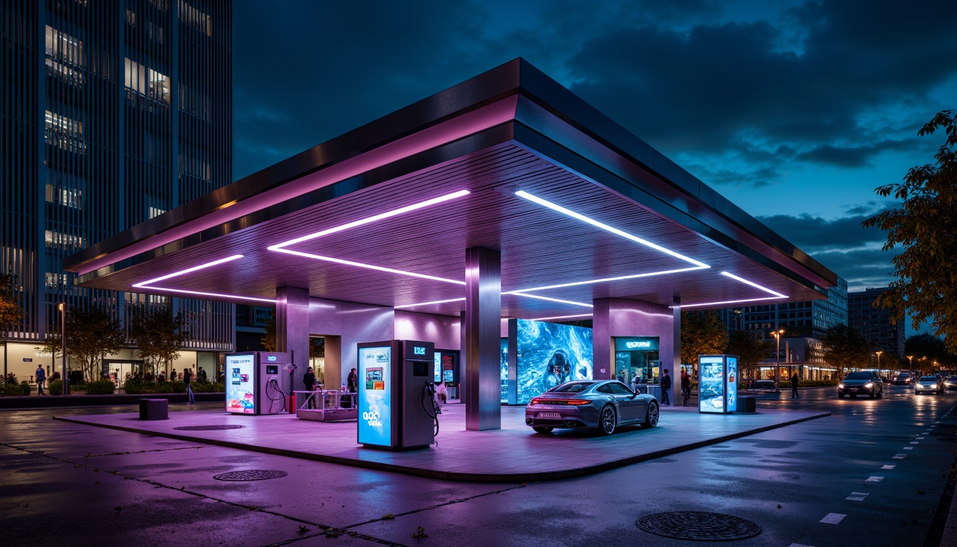 Prompt: Futuristic gas station, sleek metal canopy, neon LED lights, dynamic color-changing effects, modern minimalist architecture, angular lines, reflective glass surfaces, high-gloss finishes, stainless steel accents, futuristic fuel pumps, digital display screens, electronic payment systems, urban cityscape, night scene, dramatic shadows, high-contrast lighting, 1/1 composition, shallow depth of field, realistic textures, ambient occlusion.