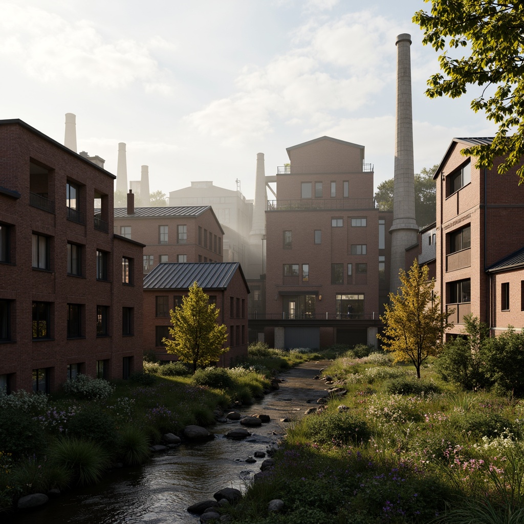 Prompt: Industrial factory complex, rustic brick buildings, corrugated metal roofs, worn concrete walls, vintage machinery, abandoned chimneys, overgrown vegetation, wildflowers, meandering streams, misty atmosphere, soft warm lighting, shallow depth of field, 3/4 composition, panoramic view, realistic textures, ambient occlusion, regionalism-inspired architecture, modern industrial design, functional spaces, exposed ductwork, metal catwalks, reclaimed wood accents, earthy color palette, natural stone pathways, weathered steel bridges.