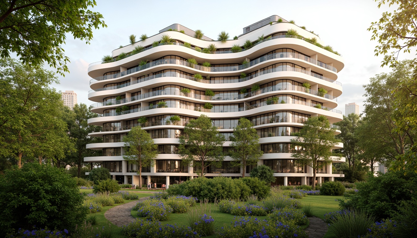 Prompt: Eco-friendly apartment building, curved blob-like shape, green roofs, solar panels, wind turbines, rainwater harvesting systems, recycled materials, natural ventilation, large windows, minimal ornamentation, soft warm lighting, shallow depth of field, 3/4 composition, panoramic view, realistic textures, ambient occlusion, lush greenery, vibrant flowers, urban forest, morning sunlight, gentle breeze, peaceful atmosphere.