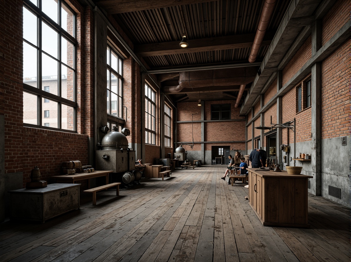 Prompt: Industrial factory setting, exposed brick walls, metal beams, worn wooden floors, vintage machinery, distressed textures, earthy tones, muted colors, rusty reds, weathered blues, faded yellows, industrial greys, urban atmosphere, gritty realism, high contrast lighting, dramatic shadows, cinematic composition, 1/2 camera angle, realistic renderings, ambient occlusion.