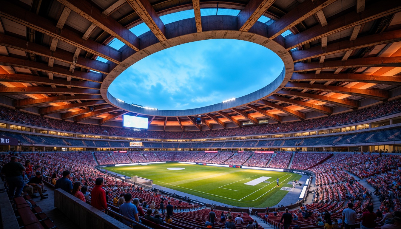 Prompt: Vibrant stadium, expressionist architecture, bold concrete structures, rough stone walls, rusty metal beams, distressed wood accents, dynamic curved lines, abstract geometric patterns, bright neon lights, electric atmosphere, intense shadows, high-contrast colors, dramatic spotlights, cinematic composition, 1/2 camera angle, shallow depth of field, realistic textures, ambient occlusion.