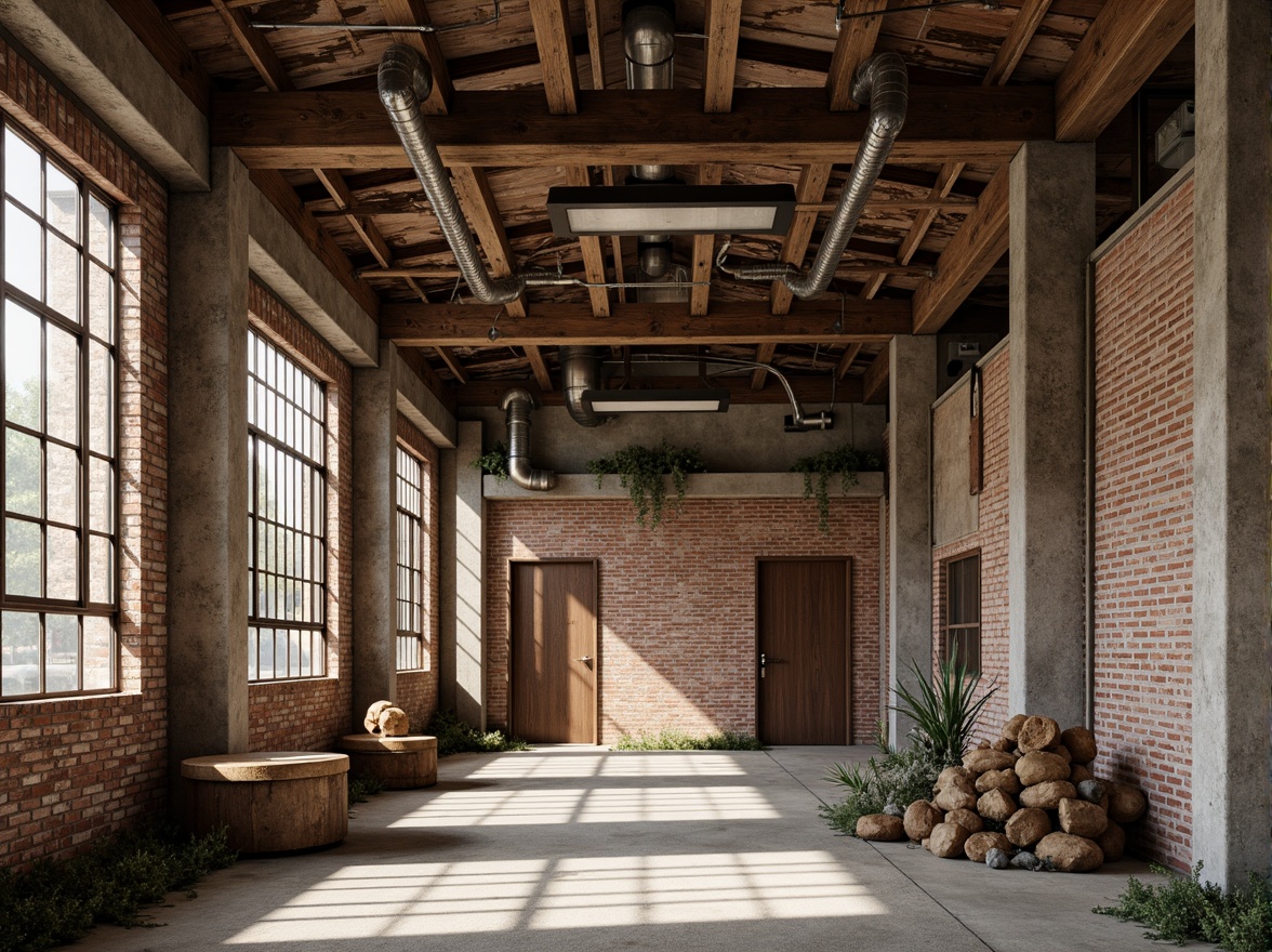 Prompt: Rustic industrial landscape, abandoned factories, worn brick walls, distressed metal roofs, reclaimed wood accents, earthy tones, natural textures, regional materials, local craftsmanship, exposed ductwork, concrete floors, steel beams, functional minimalism, industrial chic aesthetic, warm soft lighting, shallow depth of field, 1/1 composition, realistic renderings, ambient occlusion.