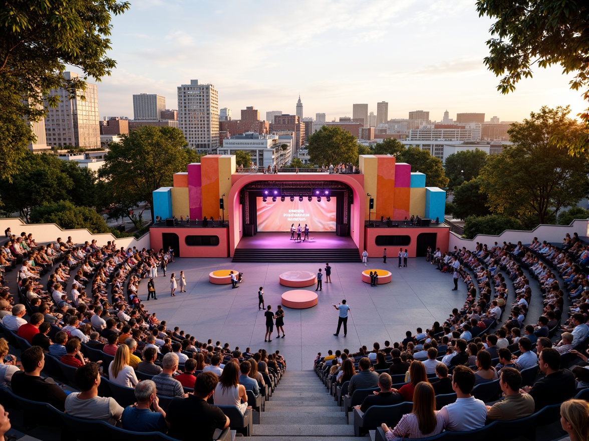 Prompt: Vibrant open-air amphitheater, dynamic stage design, eclectic audience seating, avant-garde performance art, experimental lighting systems, bold color schemes, abstract sculptures, urban cityscape backdrop, warm summer evening, soft golden lighting, shallow depth of field, 1/1 composition, panoramic view, realistic textures, ambient occlusion.