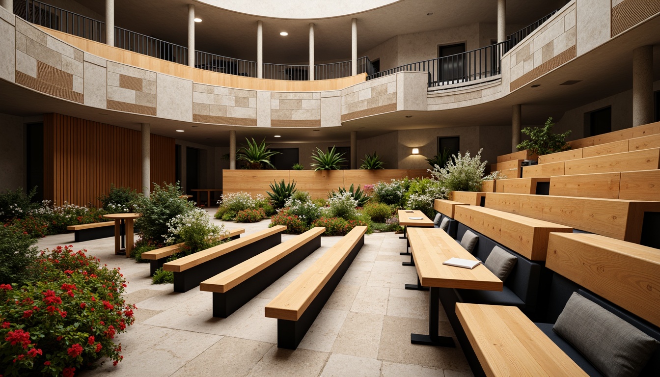 Prompt: Tiered seating, curved rows, wooden benches, academic atmosphere, natural stone walls, amphitheater-style architecture, modern minimalist design, sleek metal railings, warm soft lighting, shallow depth of field, 3/4 composition, panoramic view, realistic textures, ambient occlusion, lush greenery, vibrant flowers, educational signs, interactive whiteboards, collaborative learning spaces, comfortable cushions, ergonomic chair designs, adjustable armrests, built-in power outlets, USB charging stations.