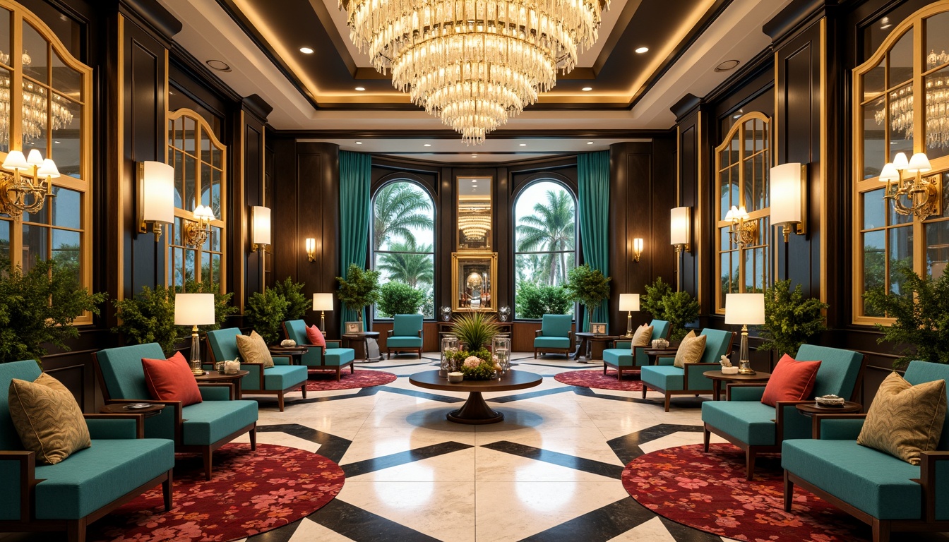 Prompt: Luxurious Art Deco interior, metallic accents, ornate geometries, bold black outlines, vibrant turquoise, rich gold leafing, creamy whites, deep reds, luxurious velvets, polished marbles, glamorous chandeliers, opulent furnishings, lavish patterns, intricate moldings, sunburst motifs, stylized florals, metallic sheens, high-contrast lighting, dramatic shadows, ornate mirrors, lavish textiles, sophisticated ambiance.