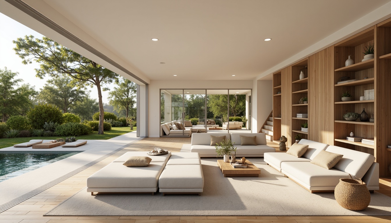 Prompt: Minimalist villa, clean lines, simple shapes, monochromatic color scheme, soft beige walls, creamy white accents, warm wooden floors, natural stone textures, lush greenery surroundings, serene atmosphere, abundant natural light, floor-to-ceiling windows, sliding glass doors, cozy reading nooks, built-in shelving units, subtle ambient lighting, 1/1 composition, shallow depth of field, realistic renderings.