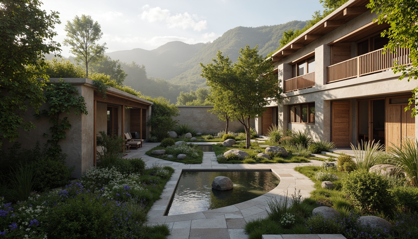 Prompt: Serene monastery courtyard, lush greenery, natural stone walls, wooden accents, rustic doors, tranquil water features, peaceful statues, organic architecture, curved lines, earthy tones, sustainable materials, living roofs, green spaces, misty morning, soft warm lighting, shallow depth of field, 3/4 composition, panoramic view, realistic textures, ambient occlusion, surrounding mountains, rolling hills, meandering paths, scenic overlooks, natural ventilation systems, passive solar design.