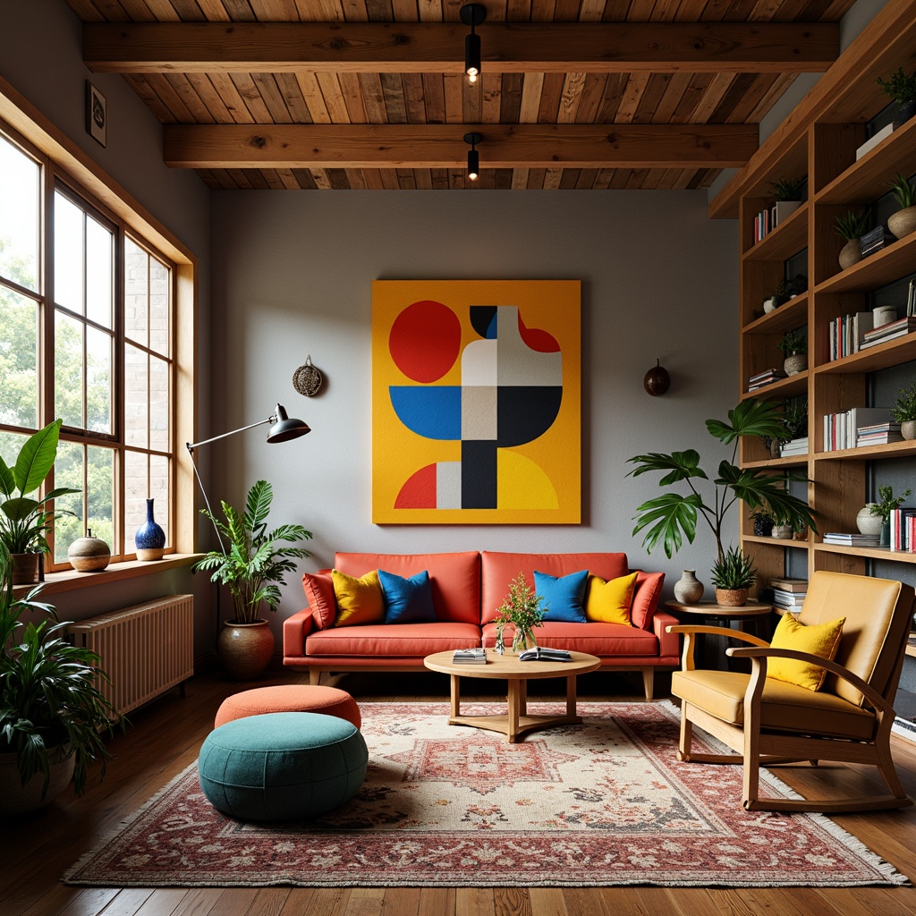 Prompt: Vibrant artistic studio, eclectic furniture, bold color blocking, contrasting textures, abstract artwork, statement lighting fixtures, industrial metal accents, reclaimed wood floors, bohemian-inspired rugs, natural fiber textiles, earthy tone ceramics, warm golden lighting, shallow depth of field, 1/1 composition, realistic renderings, ambient occlusion.