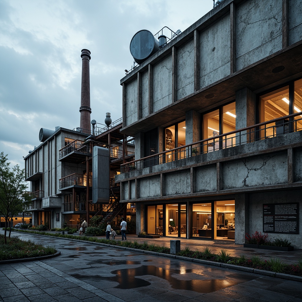 Prompt: Industrial energy plant, metallic surfaces, rusty steel beams, concrete foundations, exposed pipes, functional machinery, control rooms, warning signs, neon lights, reflective glass windows, brutalist architecture, angular lines, urban landscape, cloudy sky, dramatic lighting, high contrast, 1/1 composition, realistic textures, ambient occlusion.