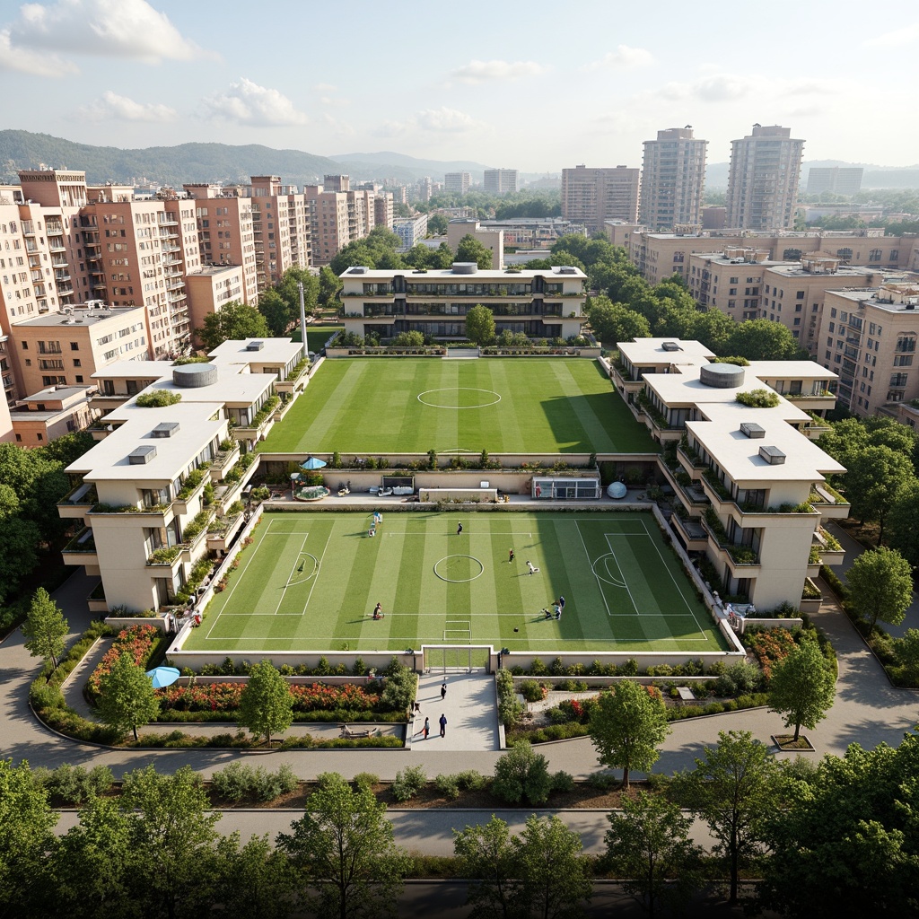 Prompt: Eco-friendly soccer stadium, social housing complex, green roofs, solar panels, wind turbines, rainwater harvesting systems, recycled building materials, natural ventilation systems, energy-efficient lighting, community gardens, public art installations, vibrant street art, urban agriculture, mixed-income residential units, accessible pedestrian paths, bike lanes, electric vehicle charging stations, modern minimalist architecture, cantilevered structures, angular lines, open-air corridors, communal outdoor spaces, shaded seating areas, warm color schemes, soft natural lighting, 1/1 composition, realistic textures, ambient occlusion.