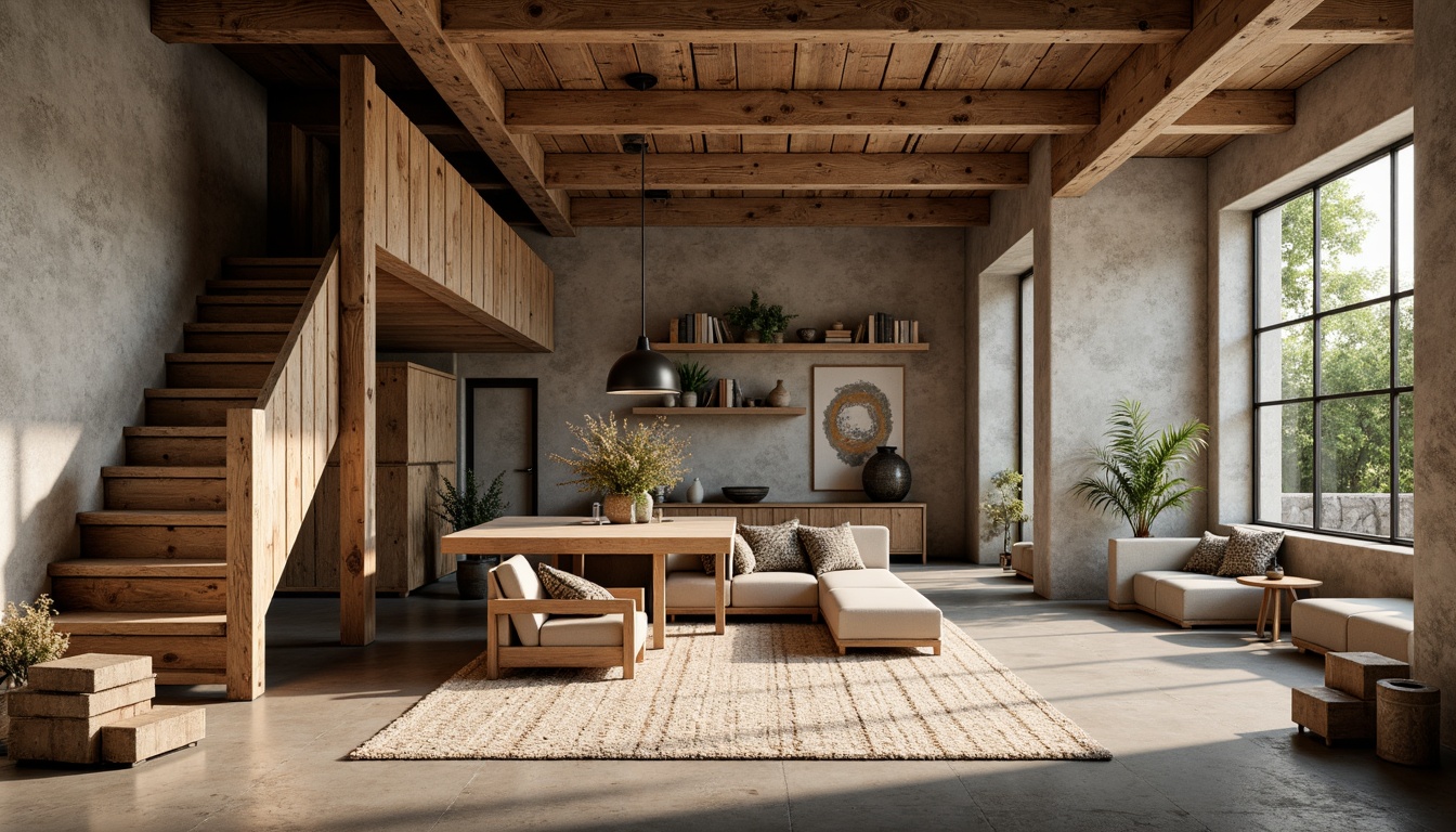 Prompt: Weathered wooden accents, reclaimed wood textures, earthy color palette, natural stone walls, exposed concrete structures, industrial metal frames, minimalist decor, functional simplicity, abundant natural light, soft warm ambiance, shallow depth of field, 1/1 composition, realistic material rendering, ambient occlusion.