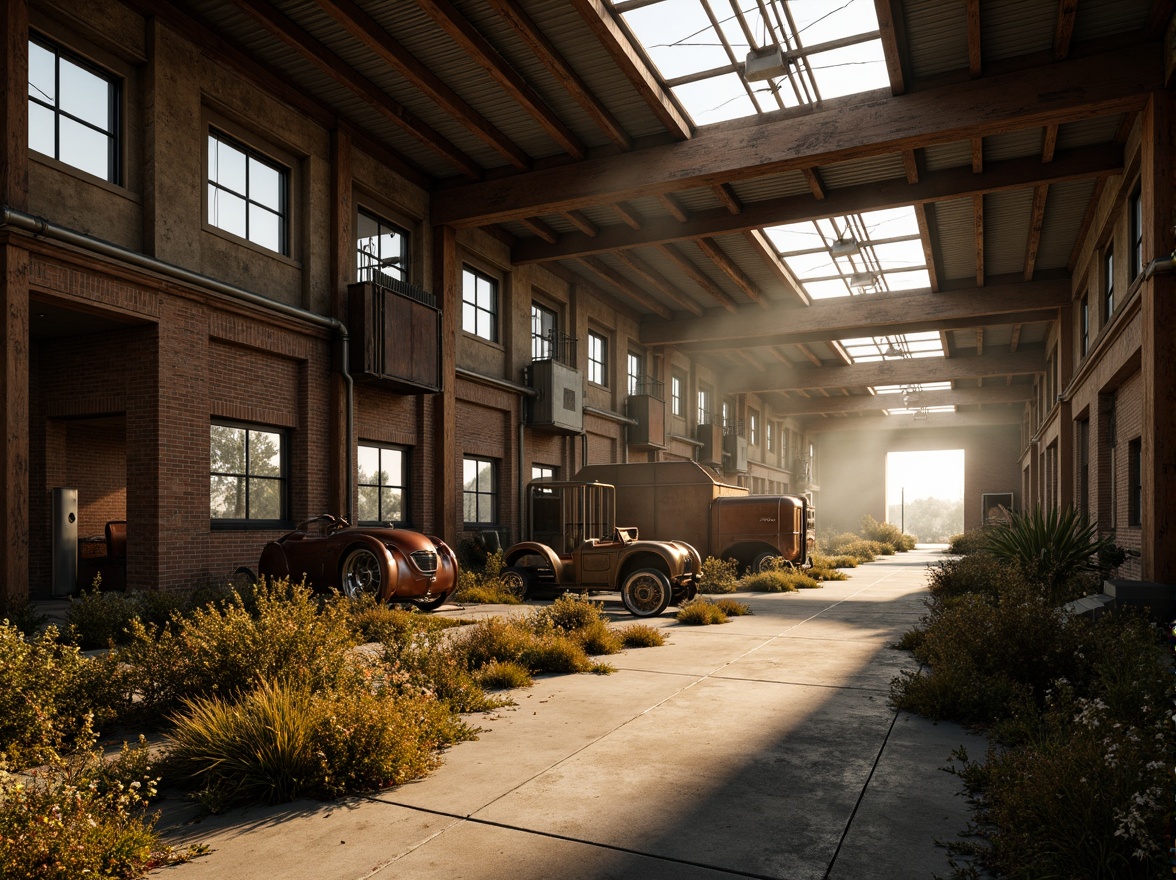 Prompt: Rustic industrial landscape, abandoned factories, distressed brick walls, corrugated metal roofs, worn wooden beams, vintage machinery, urban decay, overgrown vegetation, gritty urban atmosphere, warm golden lighting, shallow depth of field, 1/2 composition, cinematic view, realistic textures, ambient occlusion, nostalgic mood, retro-futuristic elements, exposed ductwork, concrete floors, steel columns, reclaimed wood accents, industrial chic aesthetic.