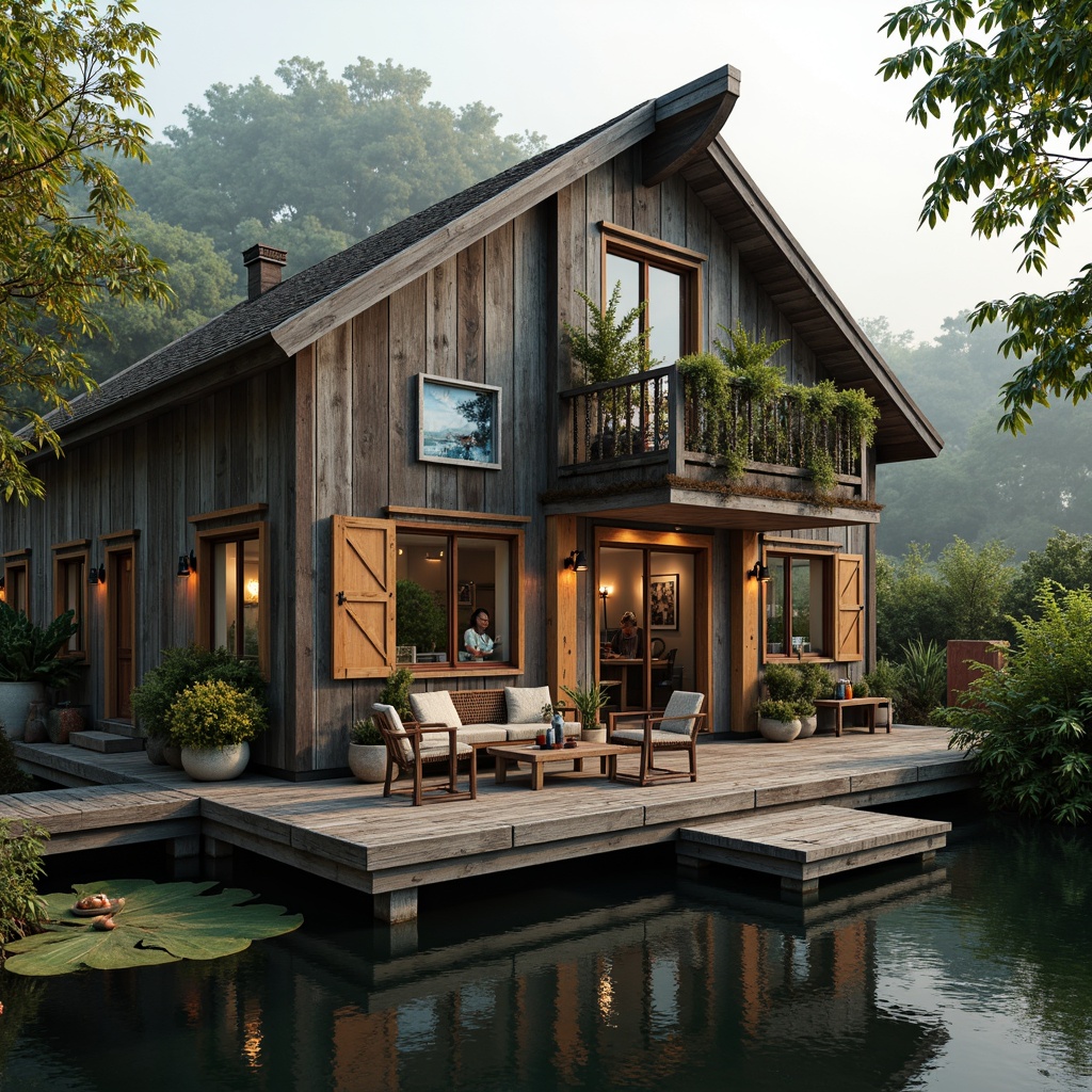 Prompt: Whimsical boathouse, eclectic facade, distressed wood textures, vintage nautical elements, rusty metal accents, colorful glass bottles, woven wicker furniture, lush greenery, overgrown vegetation, misty morning atmosphere, soft warm lighting, shallow depth of field, 1/1 composition, realistic water reflections, ambient occlusion.