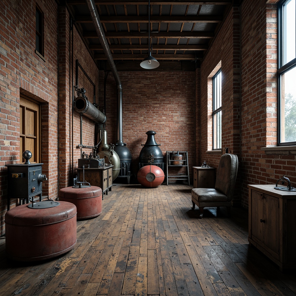 Prompt: Industrial factory setting, exposed brick walls, metal beams, worn wooden floors, vintage machinery, distressed textures, earthy tones, muted colors, rusty reds, weathered blues, faded yellows, industrial greys, urban atmosphere, gritty realism, high contrast lighting, dramatic shadows, cinematic composition, 1/2 camera angle, realistic renderings, ambient occlusion.