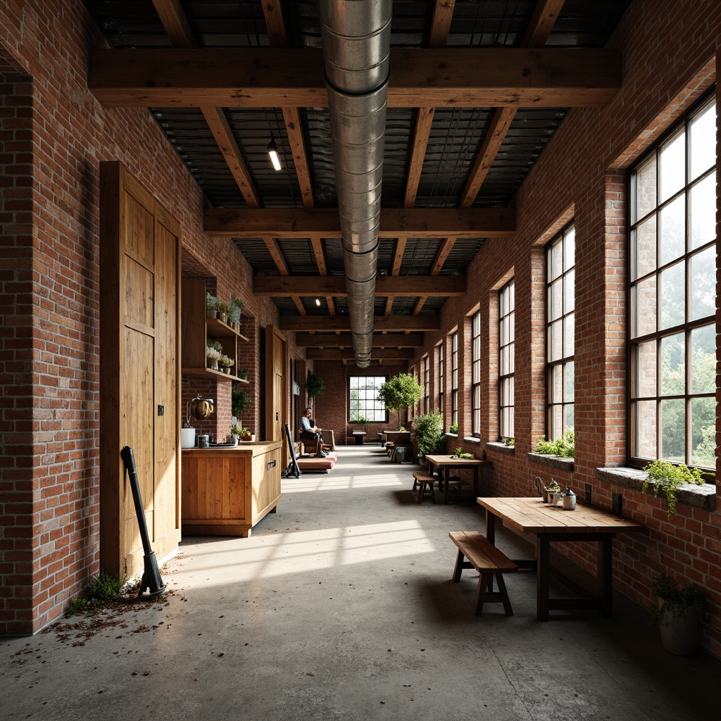 Prompt: Rustic industrial landscape, abandoned factories, worn brick walls, distressed metal roofs, reclaimed wood accents, earthy tones, natural textures, regional materials, local craftsmanship, exposed ductwork, concrete floors, steel beams, functional minimalism, industrial chic aesthetic, warm soft lighting, shallow depth of field, 1/1 composition, realistic renderings, ambient occlusion.