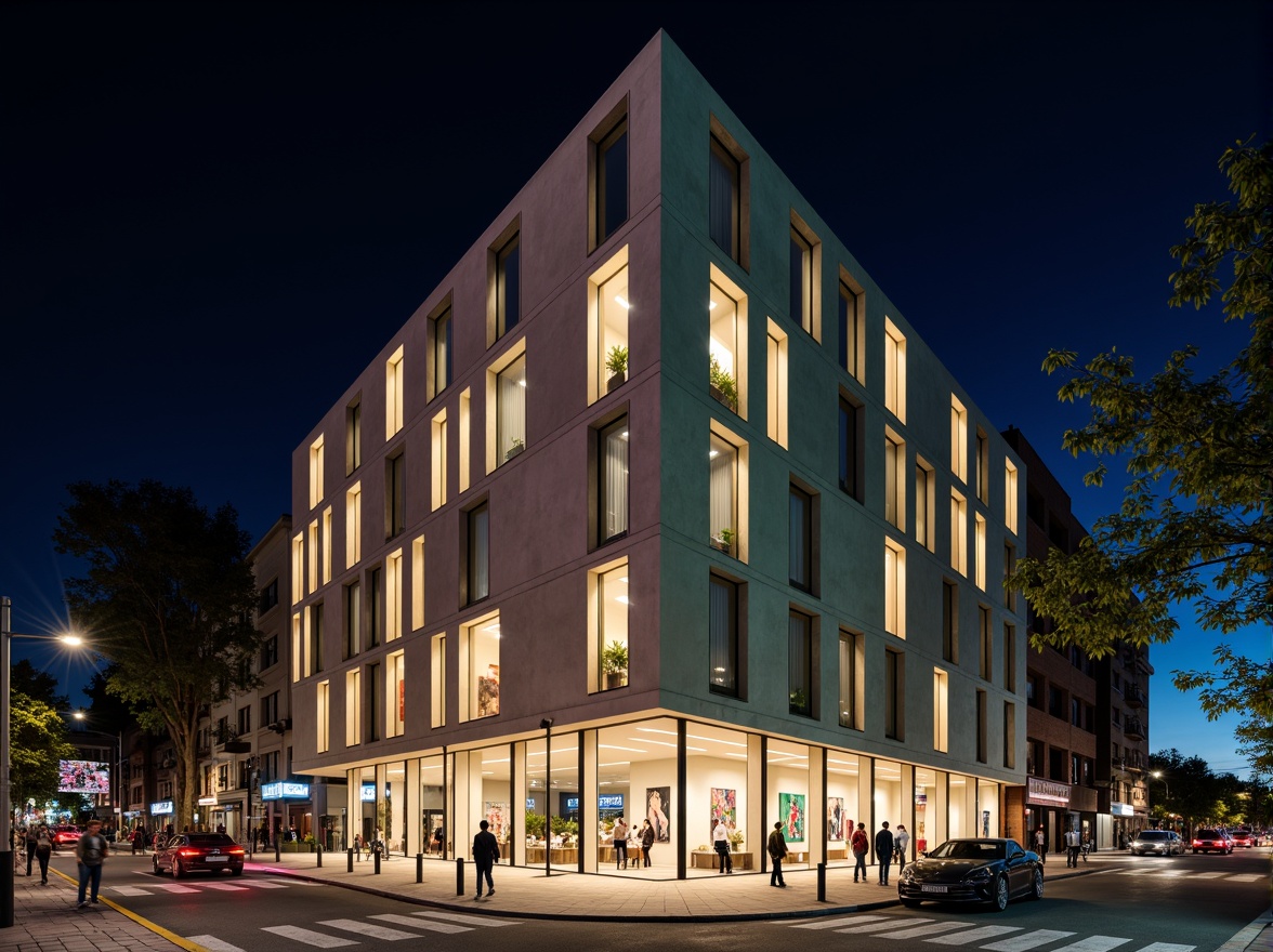 Prompt: Geometric hotel facade, asymmetrical composition, rectangular windows, industrial materials, raw concrete walls, steel beams, minimalist decor, functional simplicity, bold color accents, abstract artwork, urban cityscape, busy streets, modern streetlights, dramatic nighttime lighting, low-angle shot, 1/2 composition, high-contrast tone, cinematic atmosphere, brutalist architecture, functionalism-inspired design.