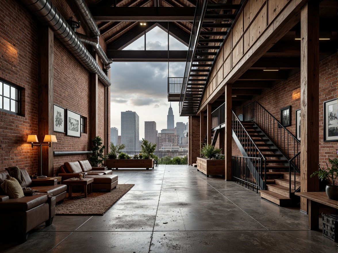 Prompt: Rustic industrial warehouse, exposed brick walls, metal beams, reclaimed wood accents, vintage machinery, distressed concrete floors, urban cityscape, cloudy grey sky, dramatic warm lighting, shallow depth of field, 1/1 composition, realistic textures, ambient occlusion, functional pipes, industrial-style lamps, metallic staircases, minimalist decor, modern urban living, converted loft spaces.