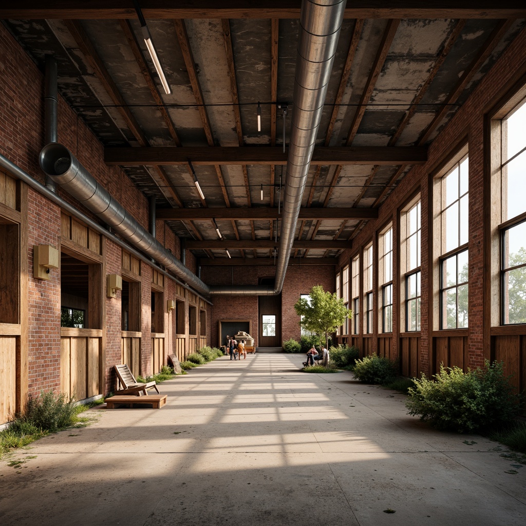 Prompt: Rustic industrial landscape, abandoned factories, worn brick walls, distressed metal roofs, reclaimed wood accents, earthy tones, natural textures, regional materials, local craftsmanship, exposed ductwork, concrete floors, steel beams, functional minimalism, industrial chic aesthetic, warm soft lighting, shallow depth of field, 1/1 composition, realistic renderings, ambient occlusion.