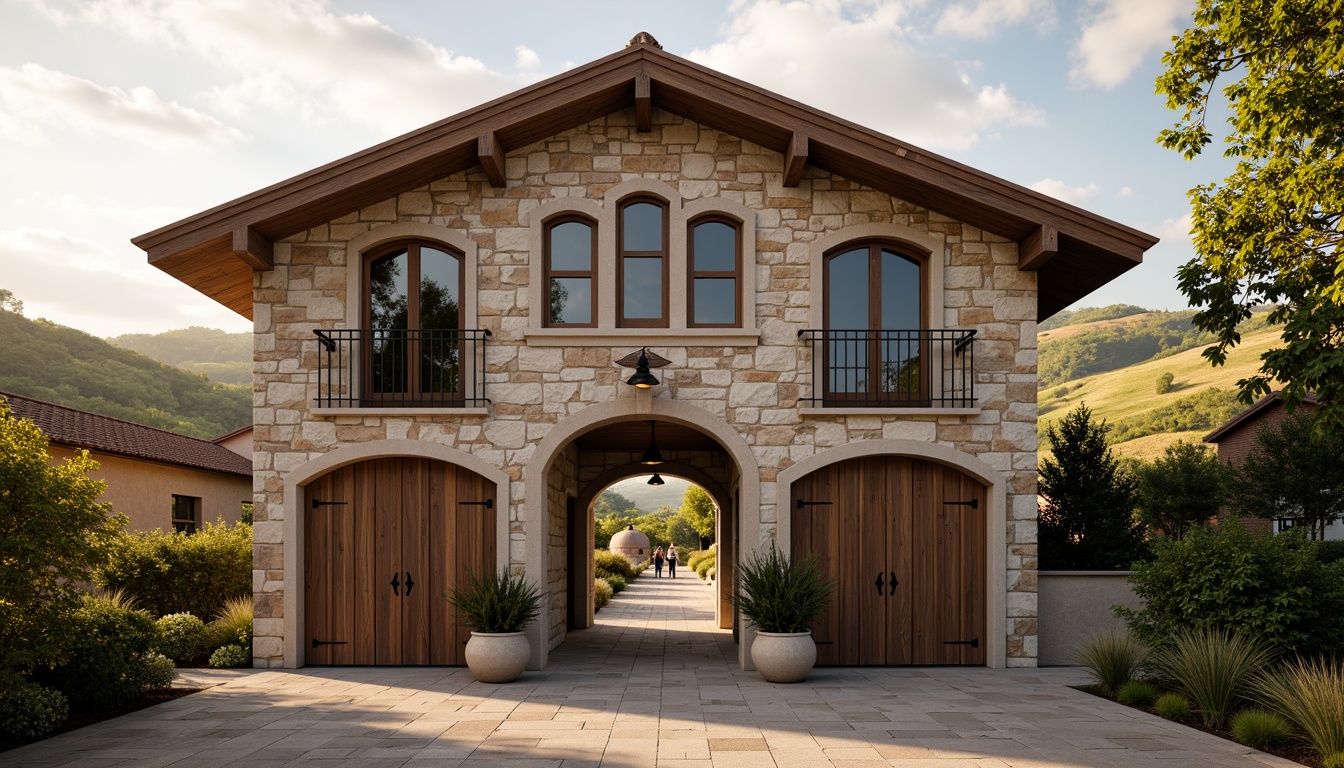 Prompt: Rustic winery facade, stone walls, wooden accents, ornate metalwork, grand entrance gates, vineyard views, rolling hills, Tuscan countryside, warm golden lighting, soft focus, shallow depth of field, 1/2 composition, symmetrical architecture, classic Renaissance style, arched windows, decorative cornices, rustic stonework, earthy tones, natural textures, ambient occlusion.