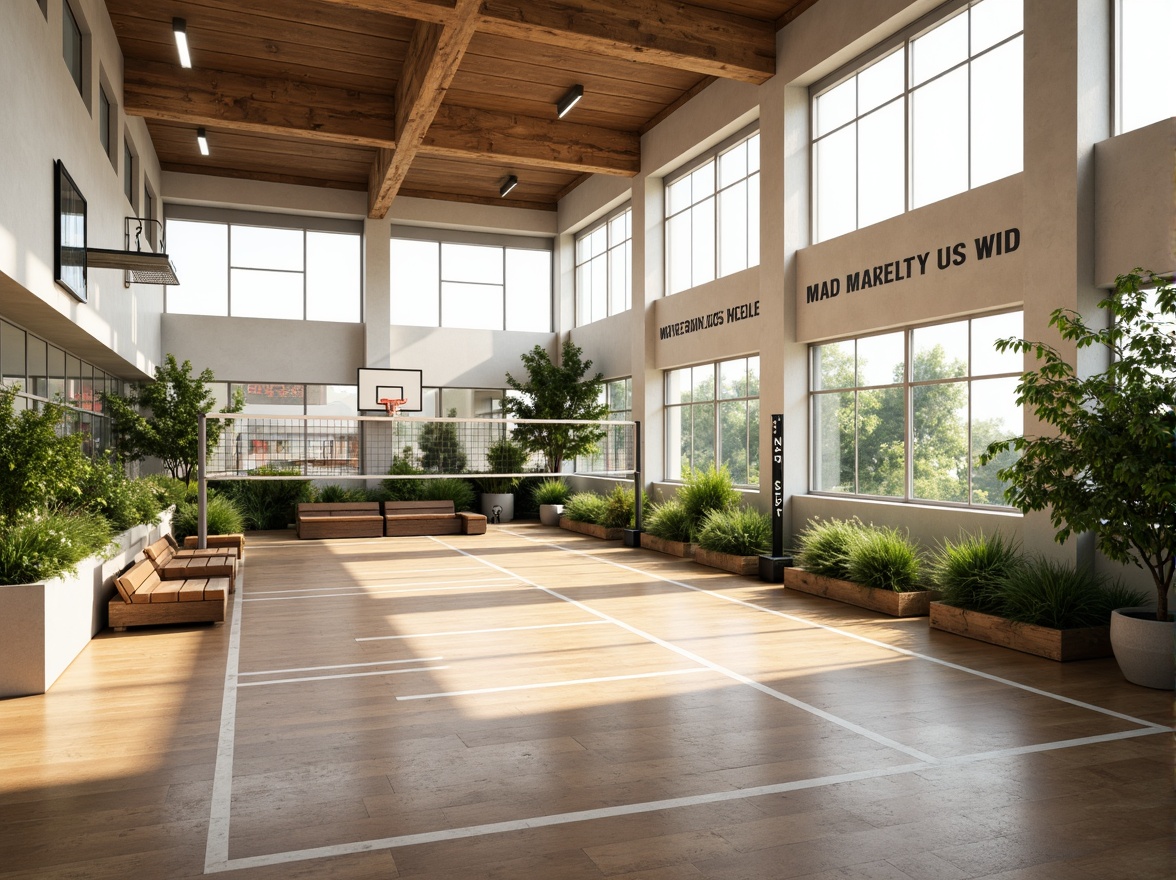 Prompt: Bright gymnasium interior, high ceilings, large windows, natural light pouring in, wooden flooring, athletic equipment, basketball hoops, volleyball nets, exercise machines, mirrored walls, motivational quotes, modern architecture, minimalist design, sleek lines, abundant greenery, lush plants, warm color tones, soft shadows, shallow depth of field, 1/1 composition, realistic textures, ambient occlusion.