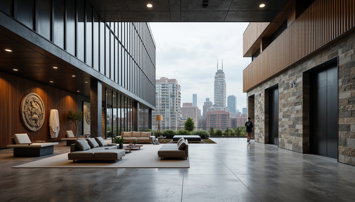 Prompt: Polished concrete floors, exposed steel beams, industrial metal cladding, sleek glass facades, minimalist wooden accents, natural stone walls, brutalist architecture, urban cityscape, overcast sky, dramatic shadows, high-contrast lighting, 1/1 composition, symmetrical framing, realistic reflections, ambient occlusion, modern furniture, geometric patterns, monochromatic color scheme, abstract art installations.