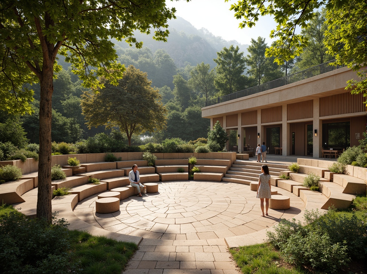 Prompt: Organic amphitheater, natural stone seating, lush greenery, curved lines, earthy tones, warm beige colors, rustic wooden accents, soft diffused lighting, dappled shade, afternoon sunbeams, gentle breeze, open-air atmosphere, panoramic views, 3/4 composition, shallow depth of field, realistic textures, ambient occlusion.