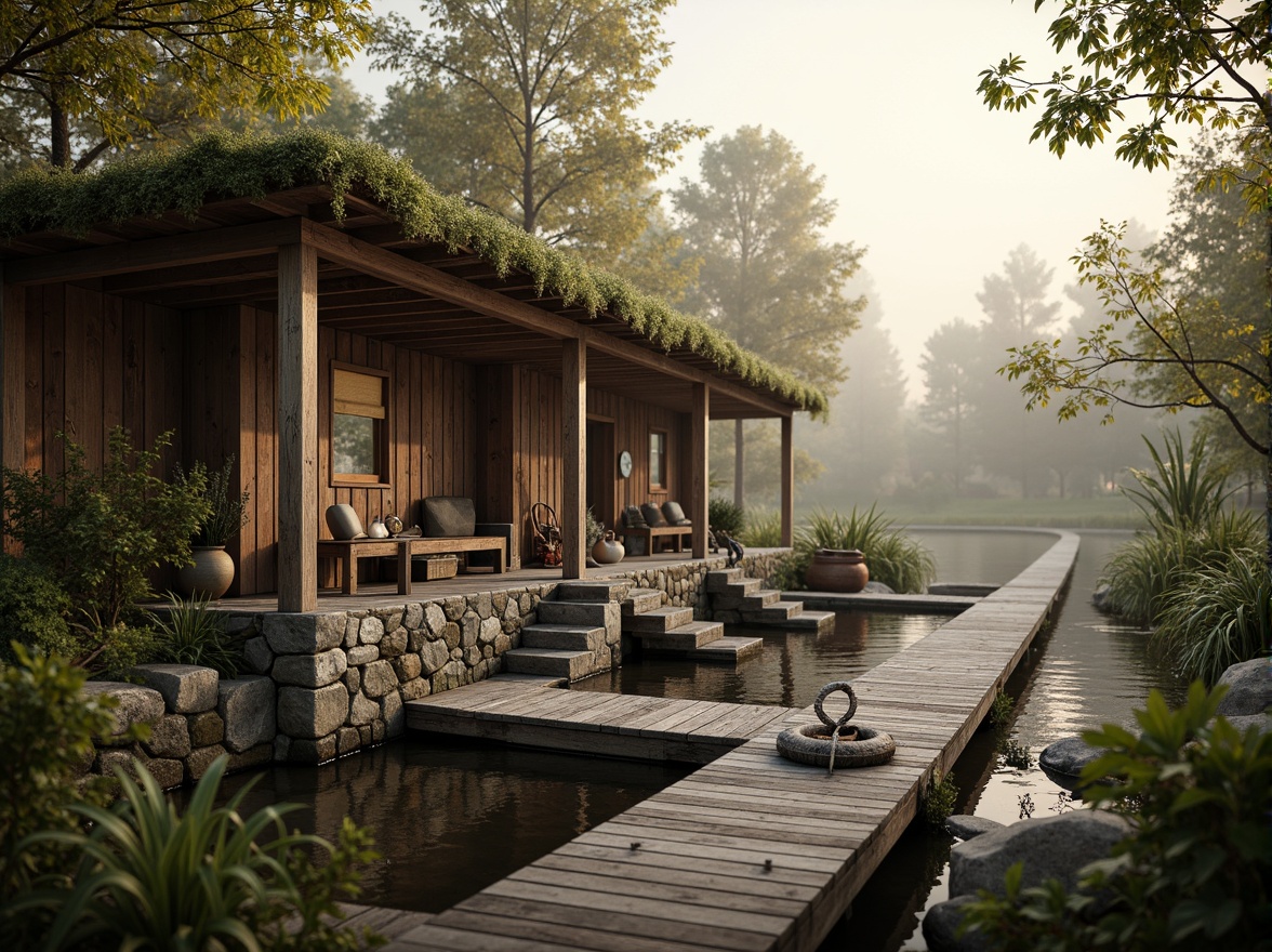 Prompt: Rustic wooden boathouse, weathered planks, distressed finishes, natural stone foundations, moss-covered roofs, overhanging eaves, wooden docks, nautical ropes, vintage anchors, aquatic plants, serene lake views, misty morning atmosphere, warm golden lighting, shallow depth of field, 1/2 composition, realistic wood textures, ambient occlusion.