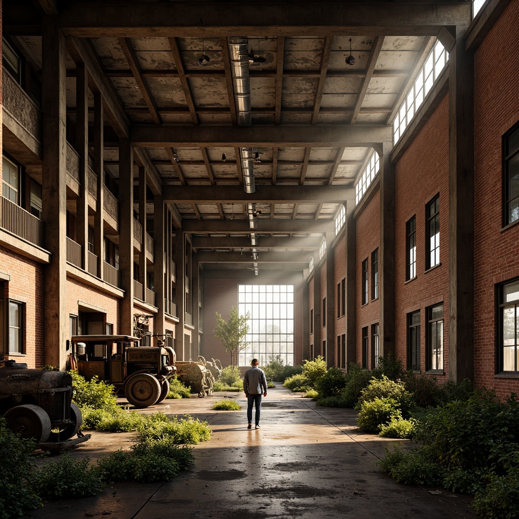 Prompt: Rustic industrial landscape, abandoned factories, distressed brick walls, corrugated metal roofs, worn wooden beams, vintage machinery, urban decay, overgrown vegetation, gritty urban atmosphere, warm golden lighting, shallow depth of field, 1/2 composition, cinematic view, realistic textures, ambient occlusion, nostalgic mood, retro-futuristic elements, exposed ductwork, concrete floors, steel columns, reclaimed wood accents, industrial chic aesthetic.